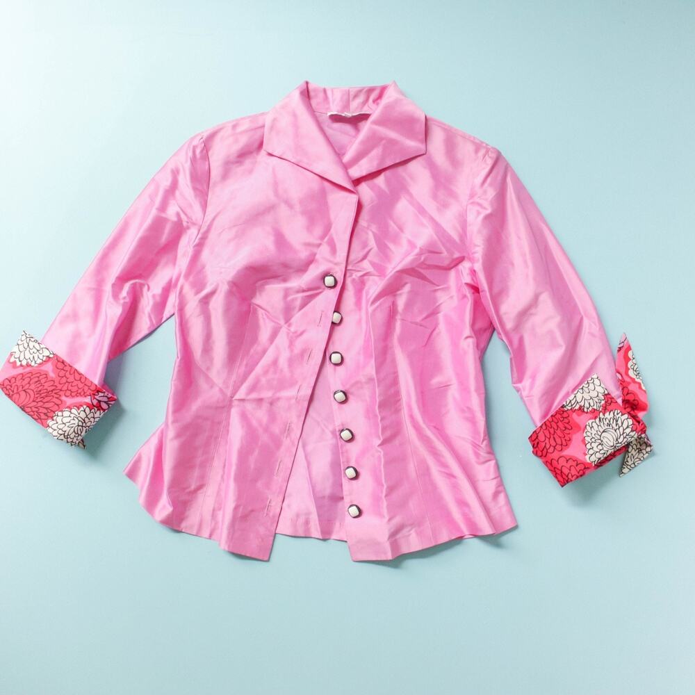 Marisa Baratelli 100% Thai Silk Button Blouse Womens 6 Hot Pink Vintage 90s